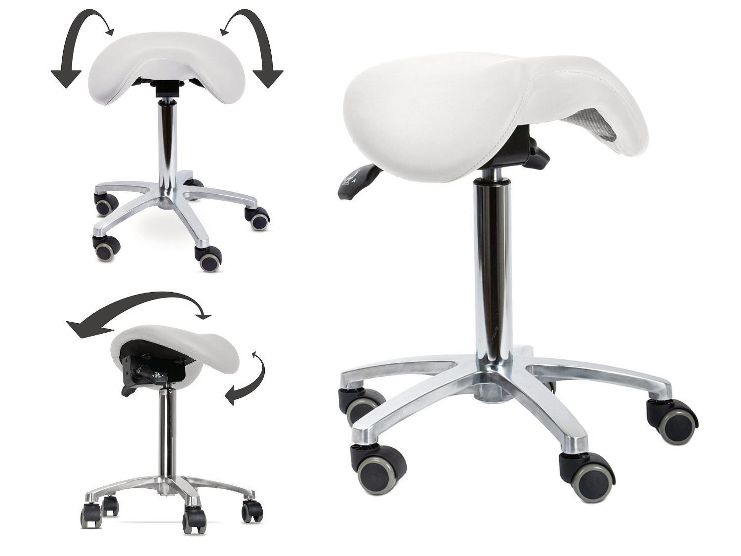 Drehhocker mit kippbarem Sattelsitz Drehhocker mit kippbarem Sattelsitz