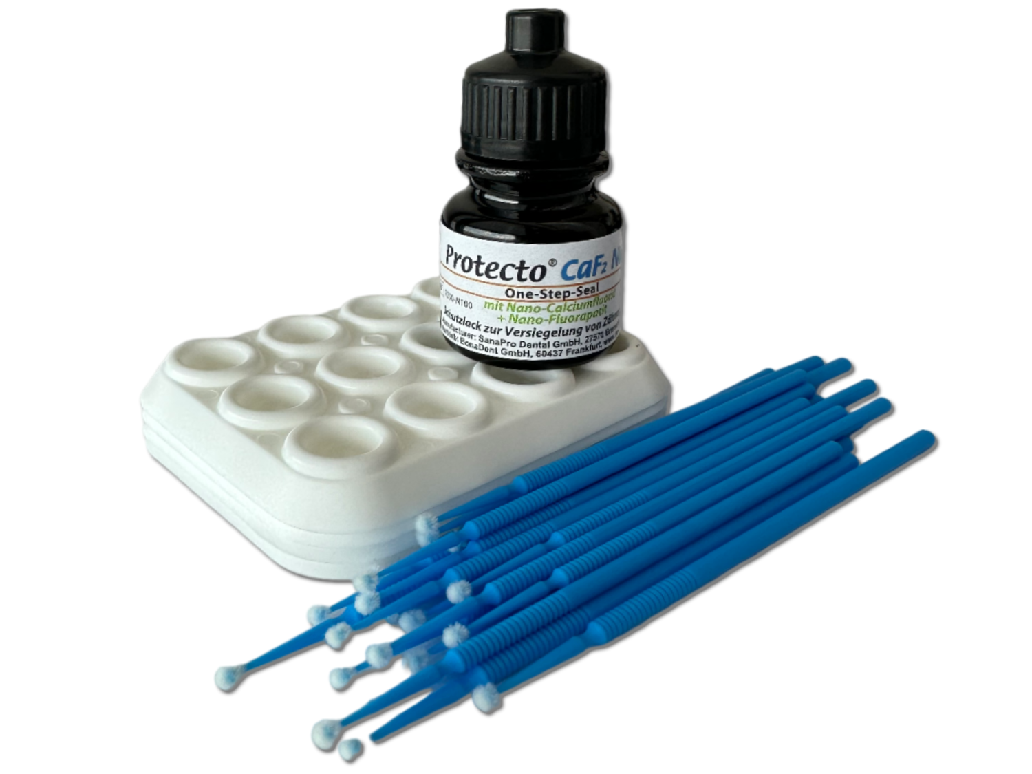 Protecto CaF2 Nano mit Fluorid, Komplettpckg., 4ml Flasche, 4 Mischpaletten, 20 Microbürsten Protecto CaF2 Nano mit Fluorid, Komplettpckg., 4ml Flasche, 4 Mischpaletten, 20 Microbürsten